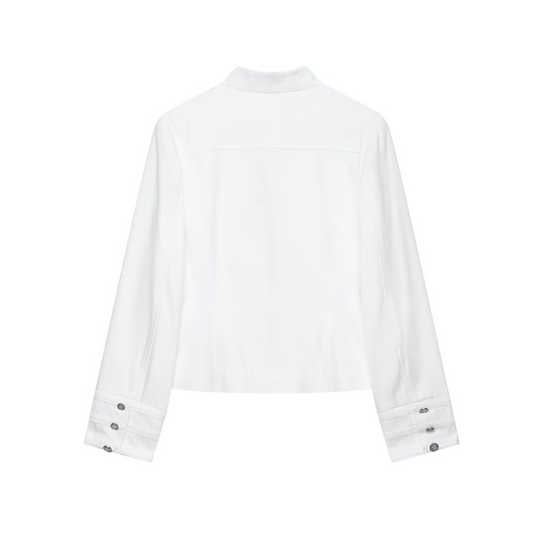 Women's Short Jacket in Officer Style with Stand Collar and Decorative Button Rows Mune Fashion