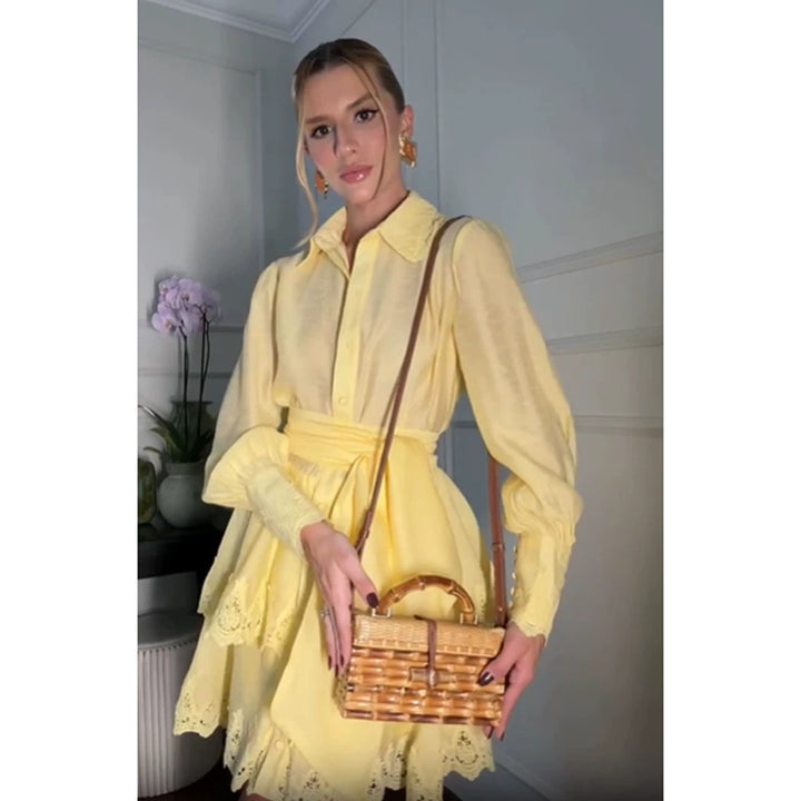 Women Lightweight Shirt Dress with Broderie Anglaise Hem and Wrap Belt Mune Fashion