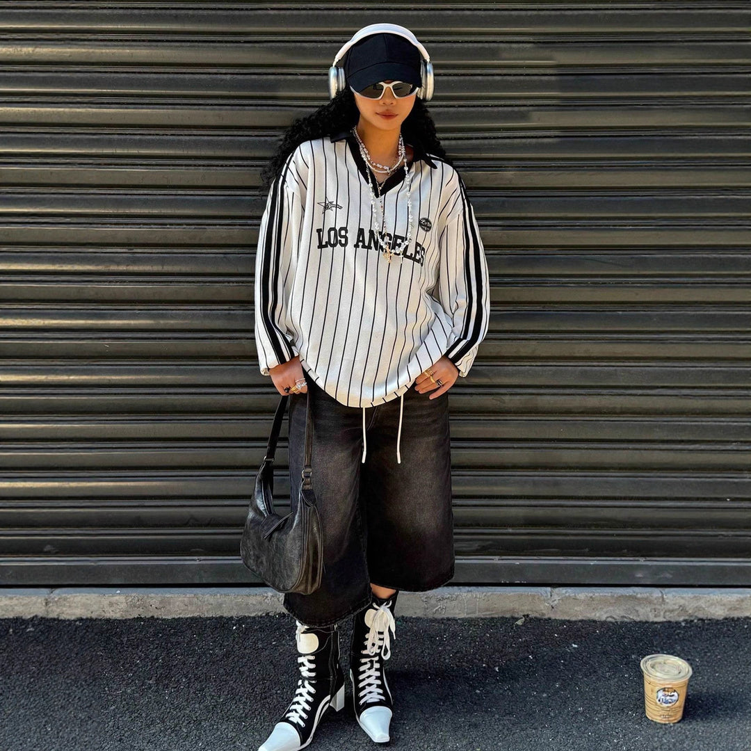 Women Oversize Baseball Polo Shirt with Pinstripes, V-Neck and Drawstring