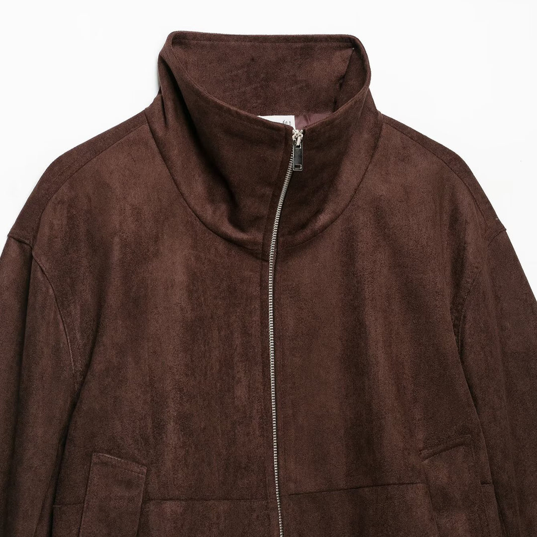 Women's suede look bomber jacket with funnel neck and elastic hem