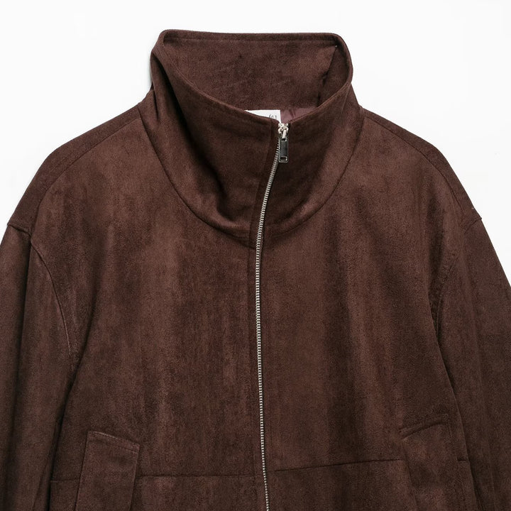 Women's suede look bomber jacket with funnel neck and elastic hem