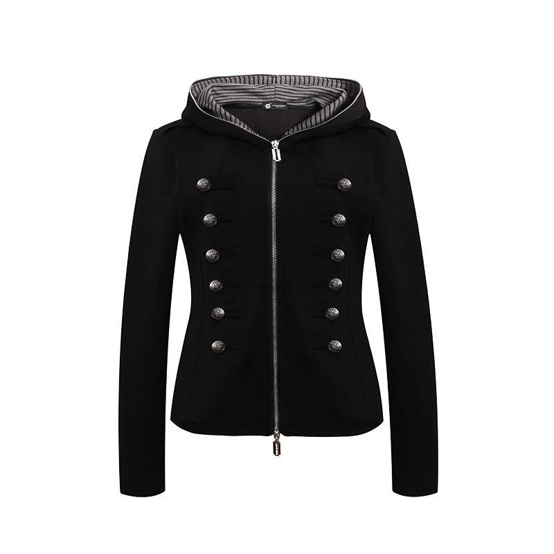 Women's fitted hooded sweat jacket with decorative double row and metal buttons Mune Fashion