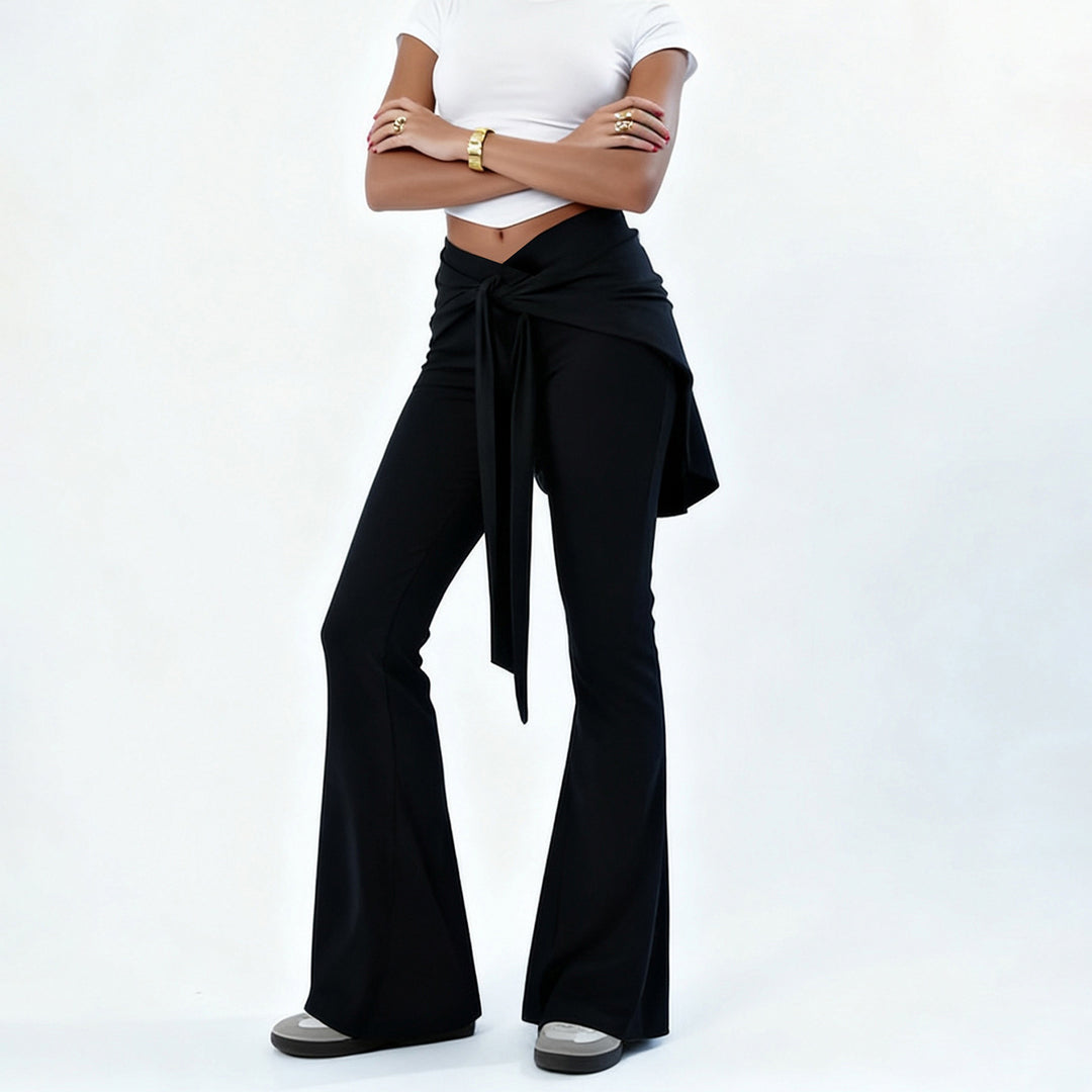 Ladies High-Waist Flared Pants with Wrap Skirt Overlay and Ties Belt Mune Fashion