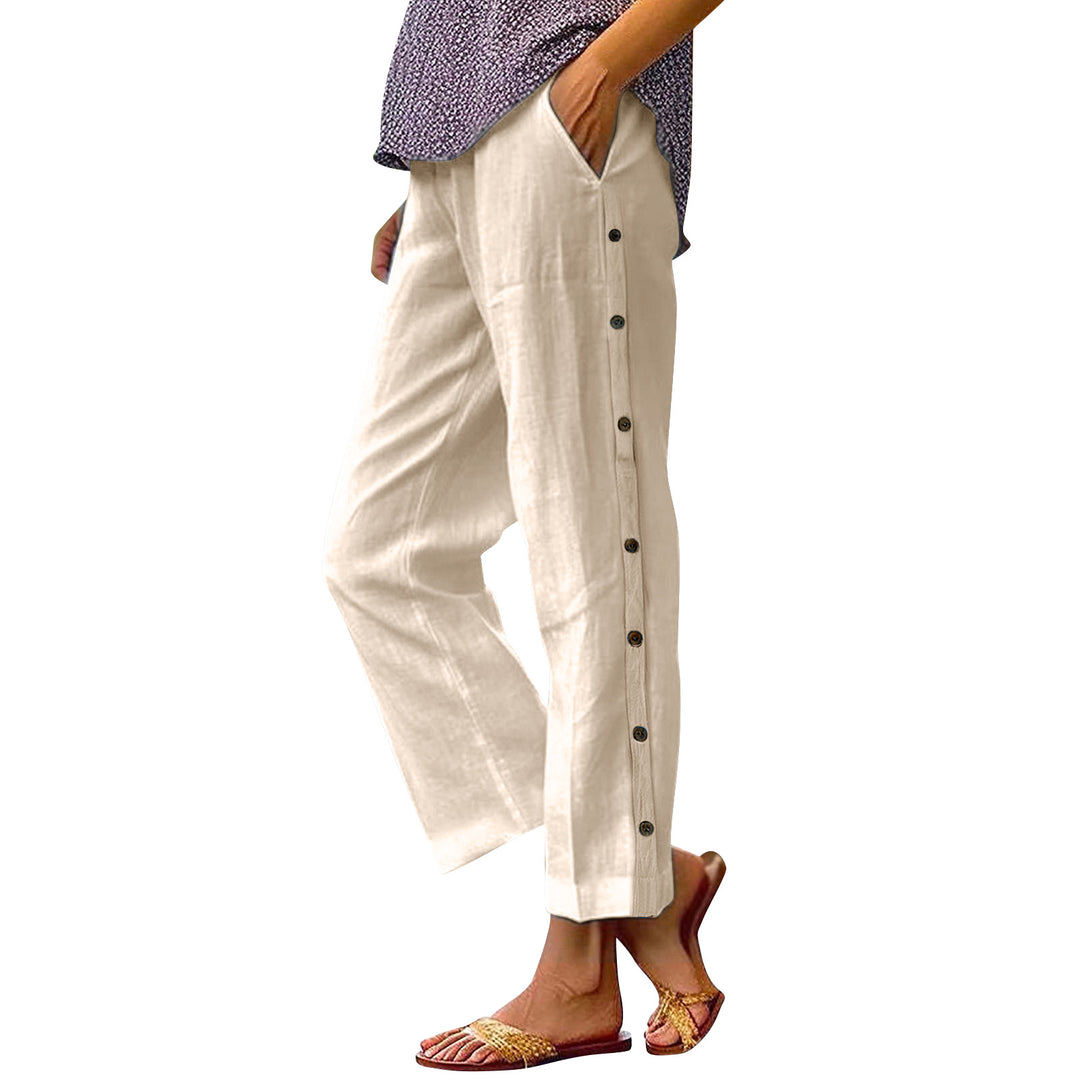 Women's Cropped Wide-Leg Button-Trim Linen-Blend Casual Pants Mune Fashion