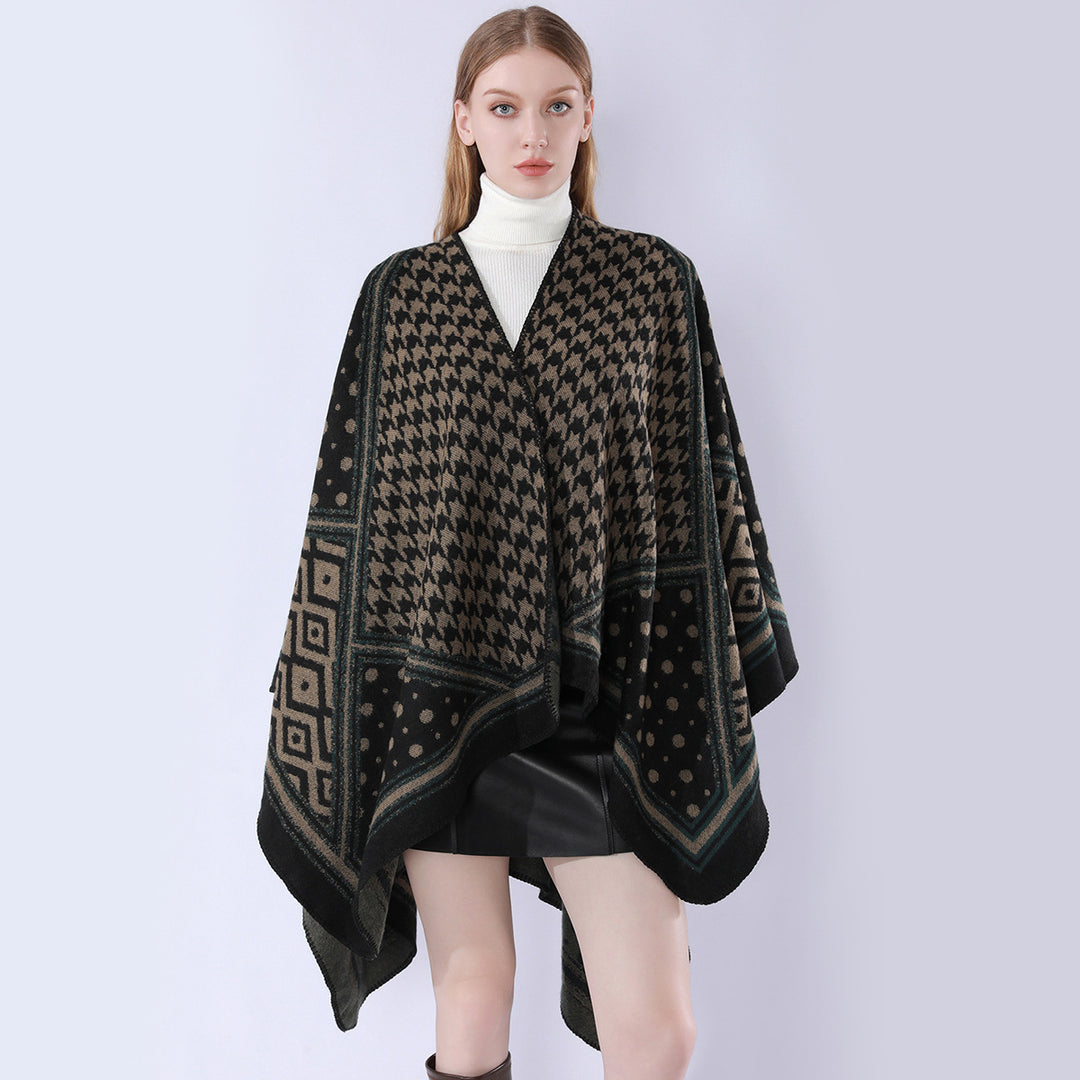 Women's Coarse Woven Cape Wrap with Houndstooth and Border Pattern Mune Fashion