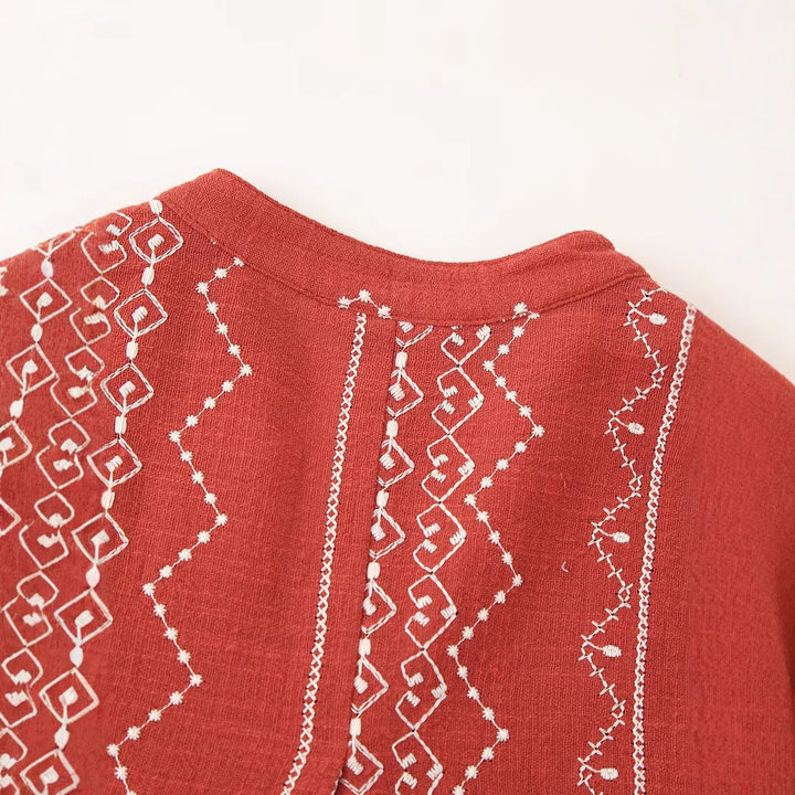 Women embroidered blouse jacket with V-neckline and loose A-line silhouette Mune Fashion