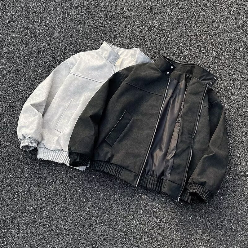 Unisex Short Cut Oversized Bomber Jacket with Stand Collar and Elastic Hem Mune Fashion