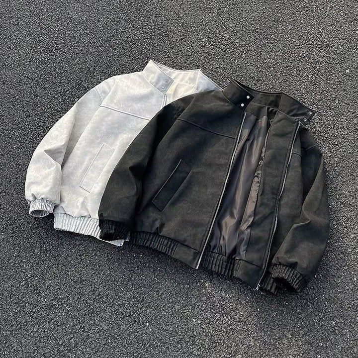 Unisex Short Cut Oversized Bomber Jacket with Stand Collar and Elastic Hem Mune Fashion
