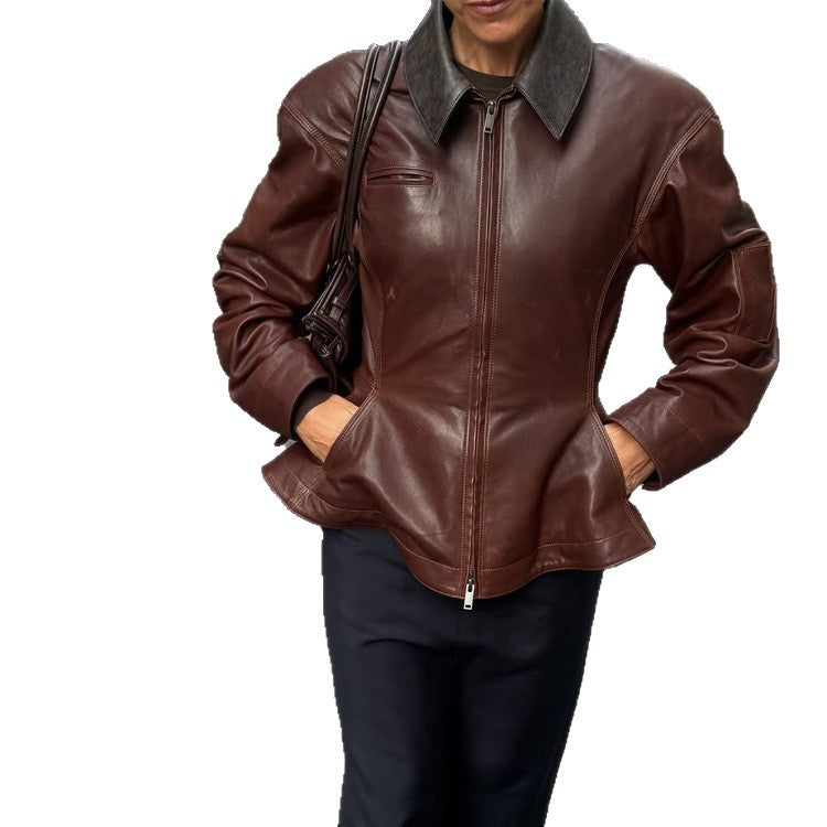 Women’s leather jacket with tailored peplum, zipper & large shirt collar Mune Fashion
