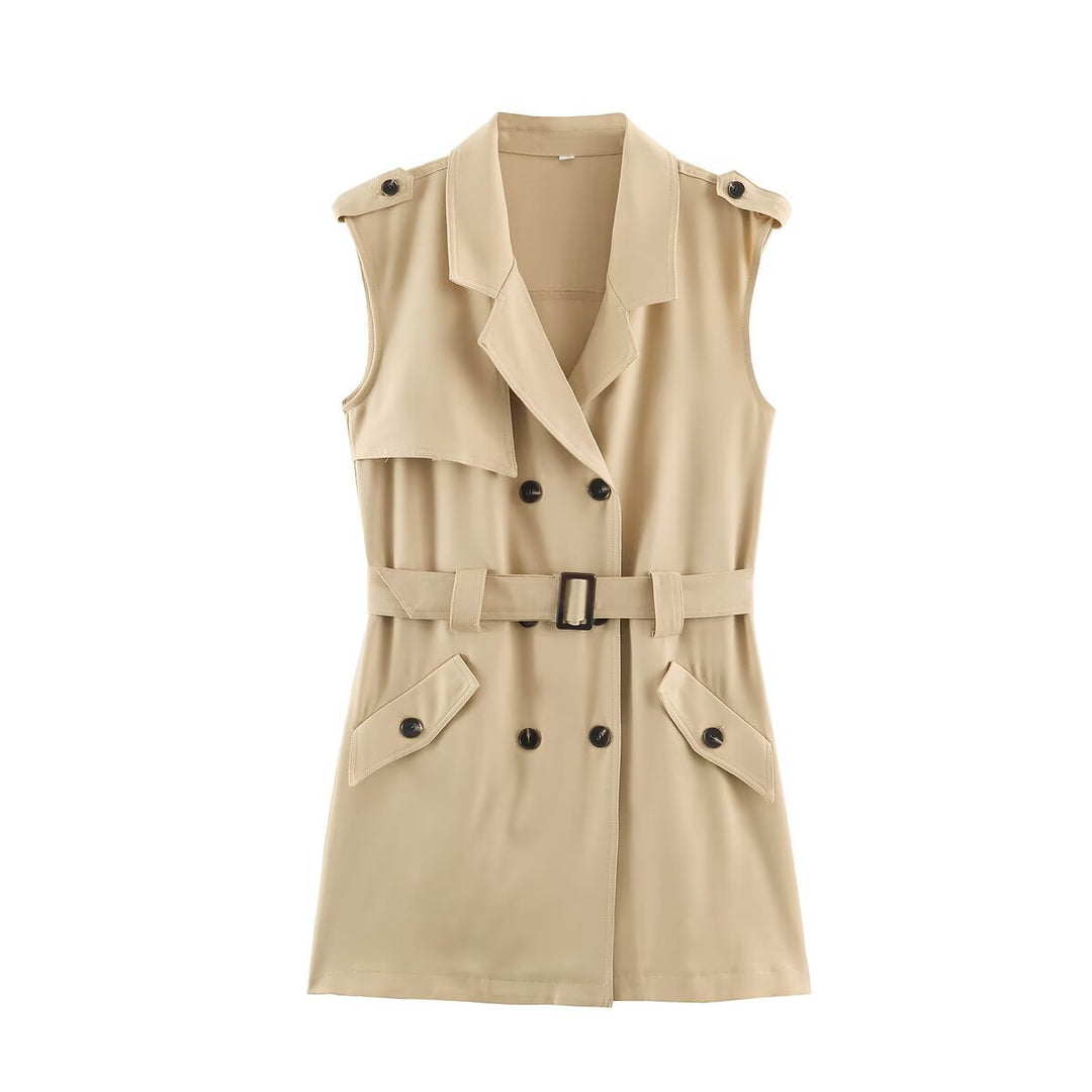 Women's Sleeveless Tailored Trench Dress with Tie Belt and Flap Pockets Mune Fashion