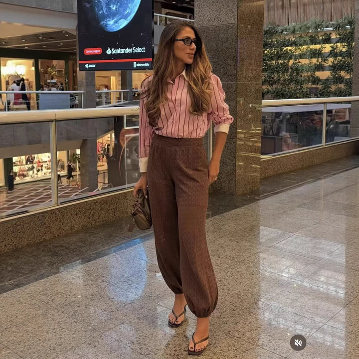 Women Striped Oversized Blouse with Contrast Collar and Cuffs Mune Fashion