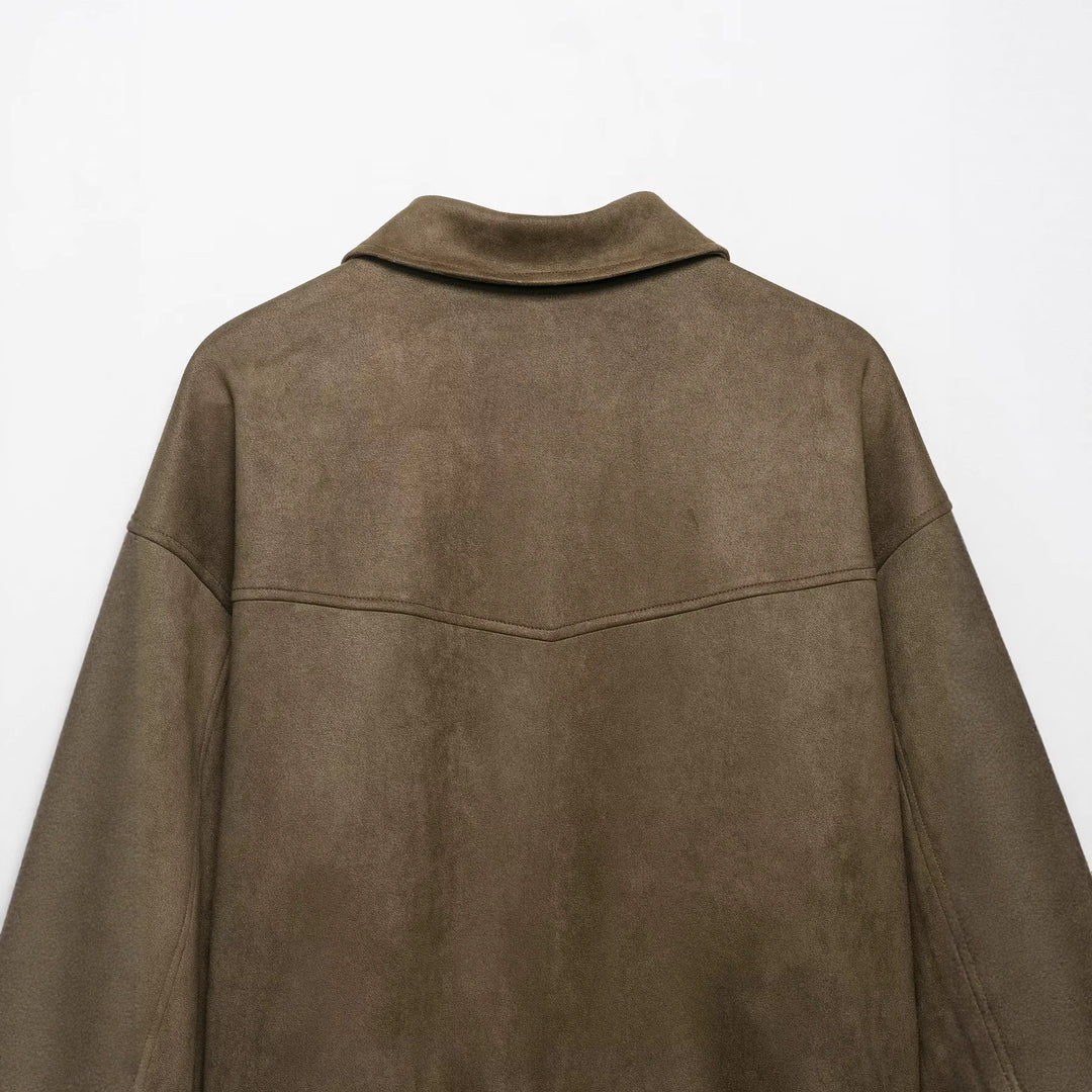 Women’s short jacket made of velour imitation with high funnel collar and flap pockets Mune Fashion