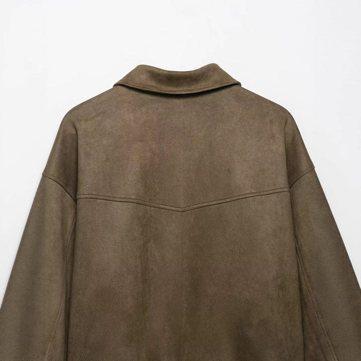 Women’s short jacket made of velour imitation with high funnel collar and flap pockets Mune Fashion