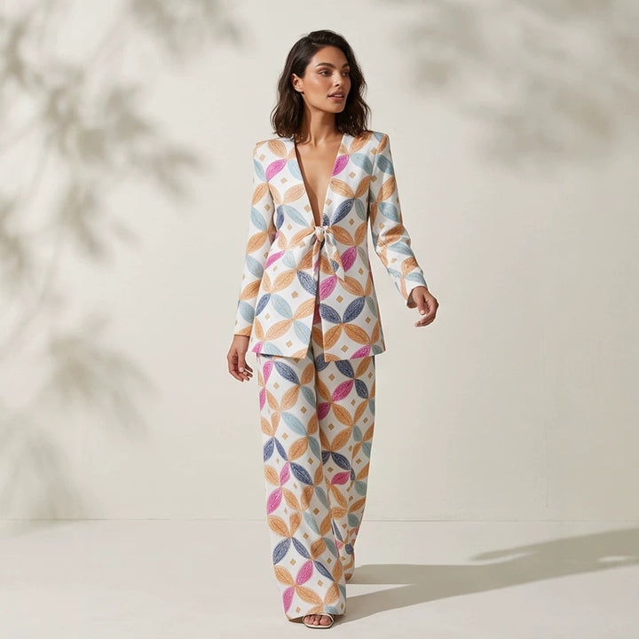 Women's Two-Piece Jacquard Suit with Waist Bow and Wide Leg Mune Fashion