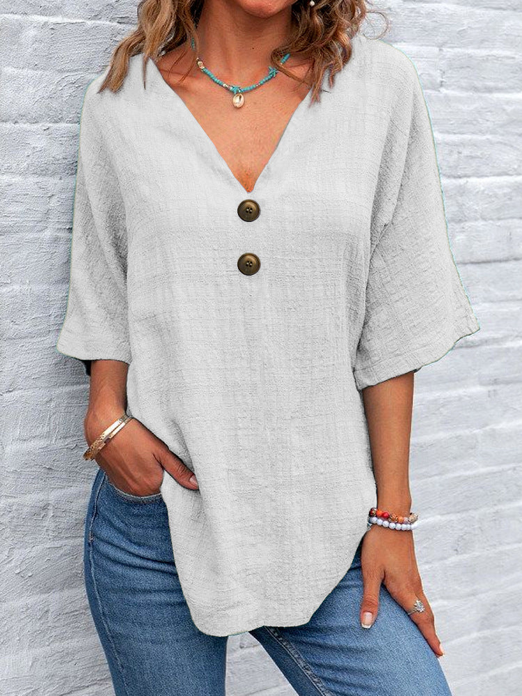 Women V-Neck Blouse with Button Details Mune Fashion