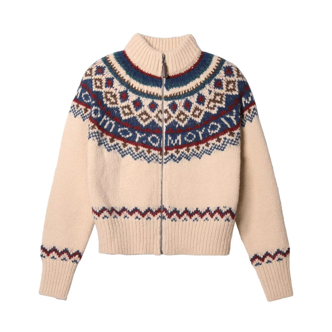 Women Cozy Chunky Knit Cardigan with Zipper and Geometric Pattern Mune Fashion