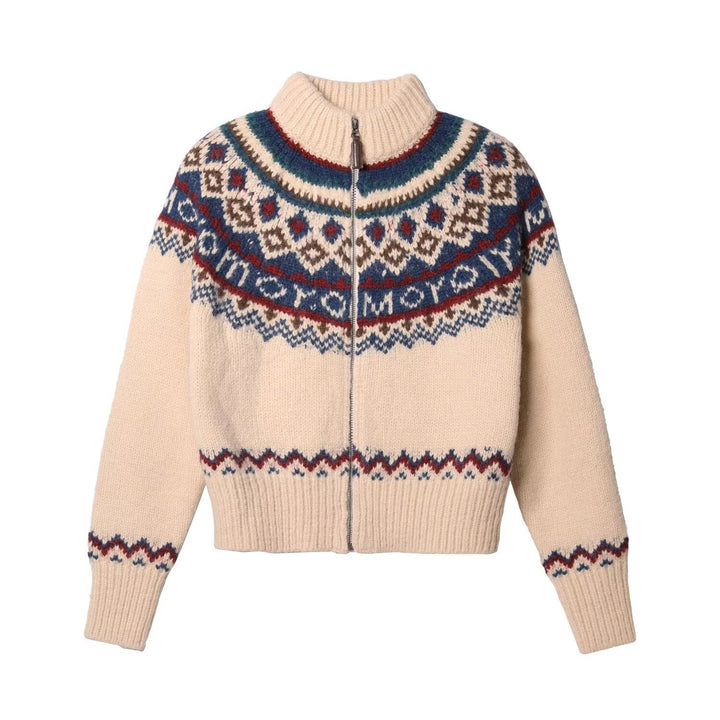 Women Cozy Chunky Knit Cardigan with Zipper and Geometric Pattern Mune Fashion