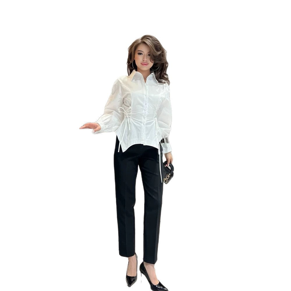 Women's Tailored Shirt Blouse with Drawstring Waist & Extra Long Cuffs Mune Fashion