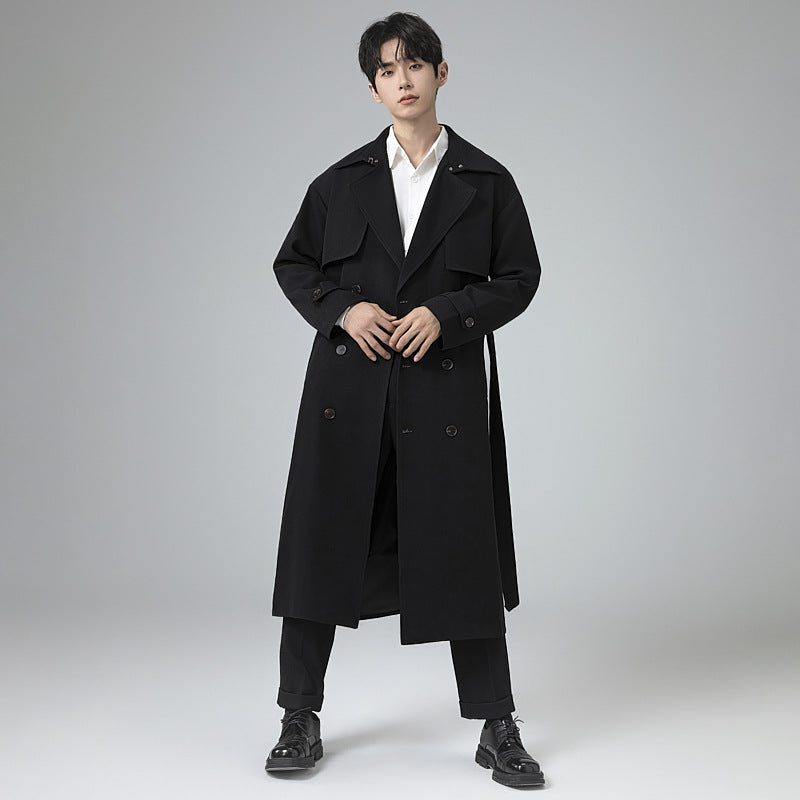 Men's trench coat in minimalist double-breasted design with wide shawl collar and waist belt Mune Fashion