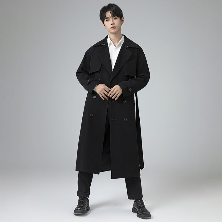Men's trench coat in minimalist double-breasted design with wide shawl collar and waist belt Mune Fashion