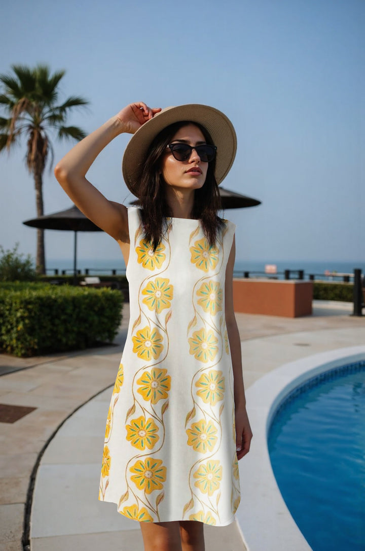 Women's Lightweight Sleeveless Shift Midi Dress with Delicate Floral Print and Straight Neckline Mune Fashion