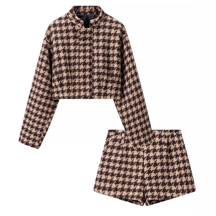 Ladies Two-Piece Houndstooth Wool Blend Set with Tailored Short Blazer and High-Cut Shorts Mune Fashion
