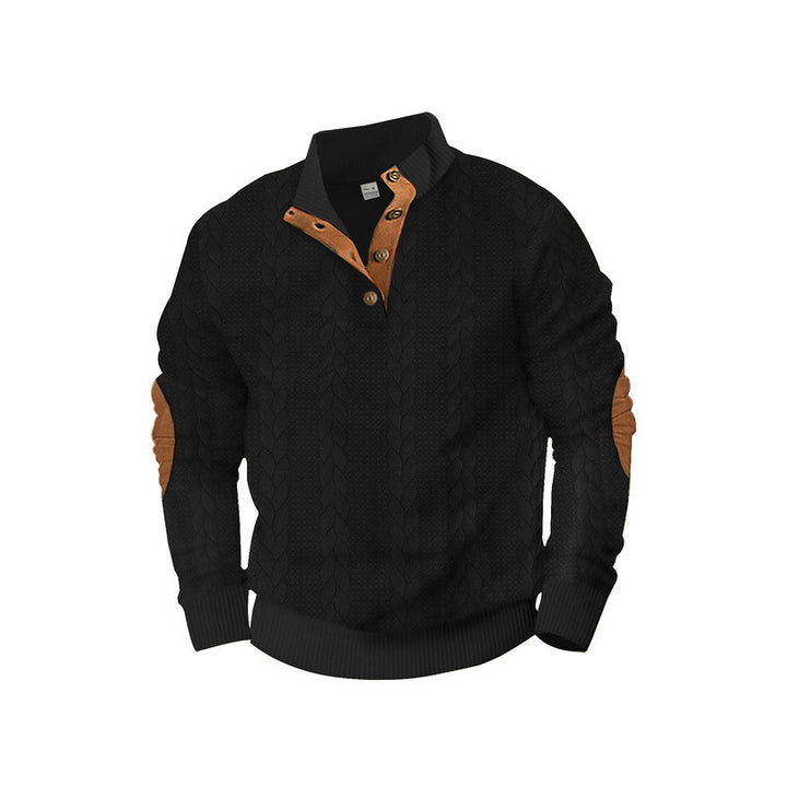Men's cable knit sweater with stand-up collar, button placket & elbow patches Mune Fashion
