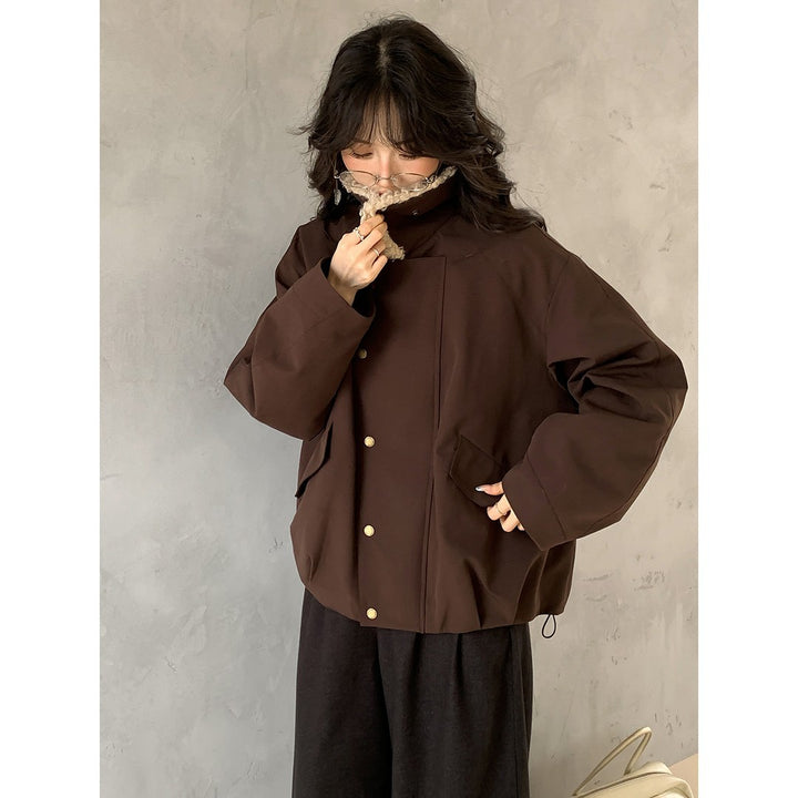 Women Short Oversized Bomber Jacket with Teddy Collar and Snap Button Details Mune Fashion