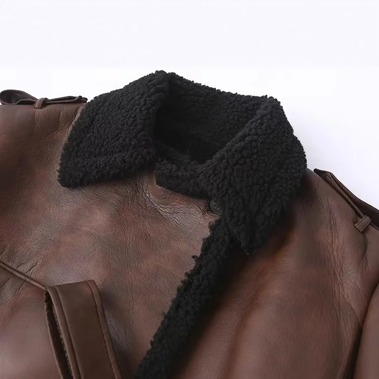 Women's tailored lambskin imitation bomber jacket with tie belt, teddy collar and adjustable cuffs Mune Fashion