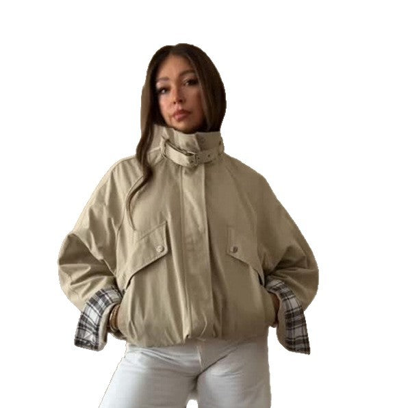 Women’s short bomber jacket with stand-up collar, chin strap, and checkered sleeve lining Mune Fashion