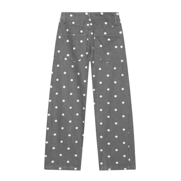 Women's High-Rise Culotte Jeans with Wide Leg, Polka Dot Print and Patch Back Pockets Mune Fashion