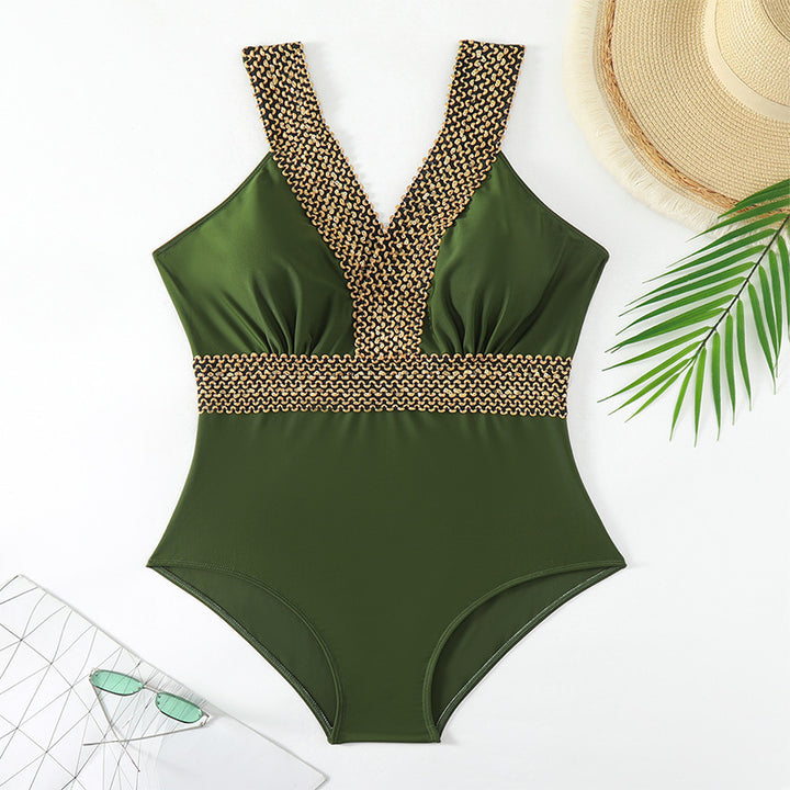 Women's one-piece swimsuit with glamorous V-neckline and golden accents Mune Fashion