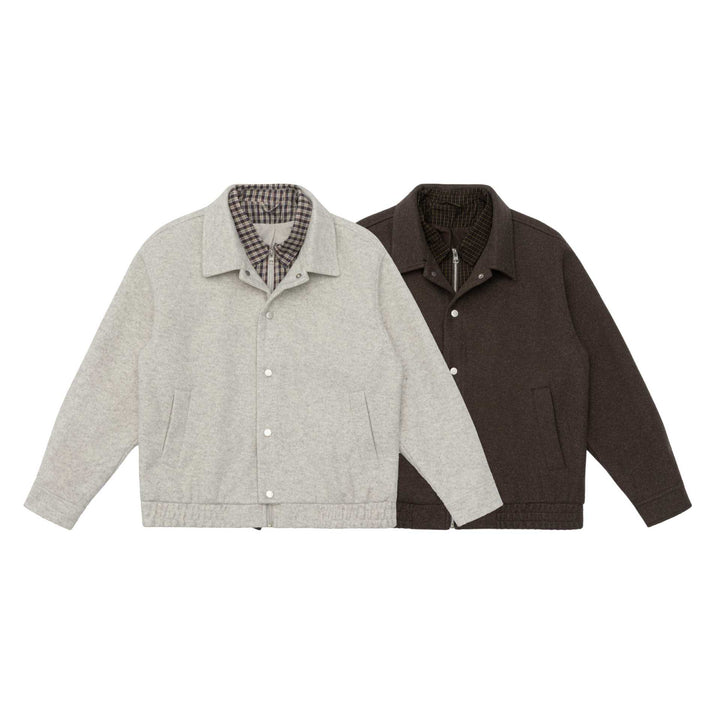 Men's short jacket made of wool blend with checked lined inner vest and snap button placket Mune Fashion