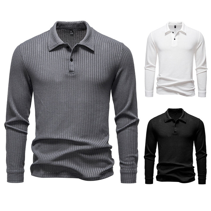 Men's Waffle Knit Polo Shirt with Half Button Placket and Shirt Collar Mune Fashion
