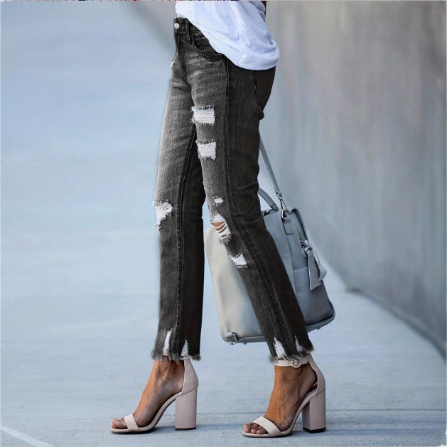 Women Cropped Destroyed Jeans with High Waist, Straight Leg & Raw Frayed Hem Mune Fashion