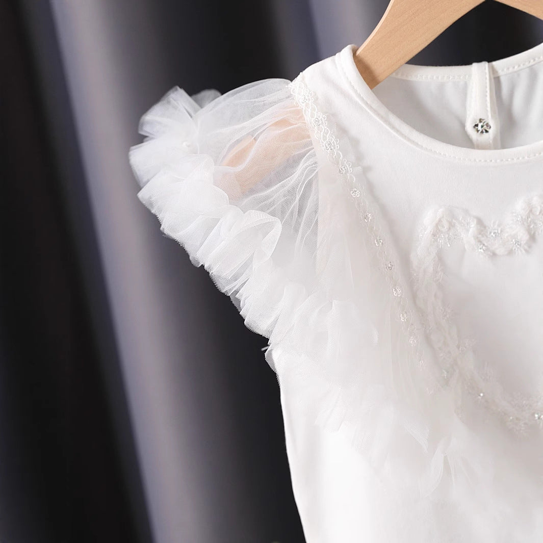 Girl T-Shirt with airy tulle sleeves and embroidered bunny motif Mune Fashion