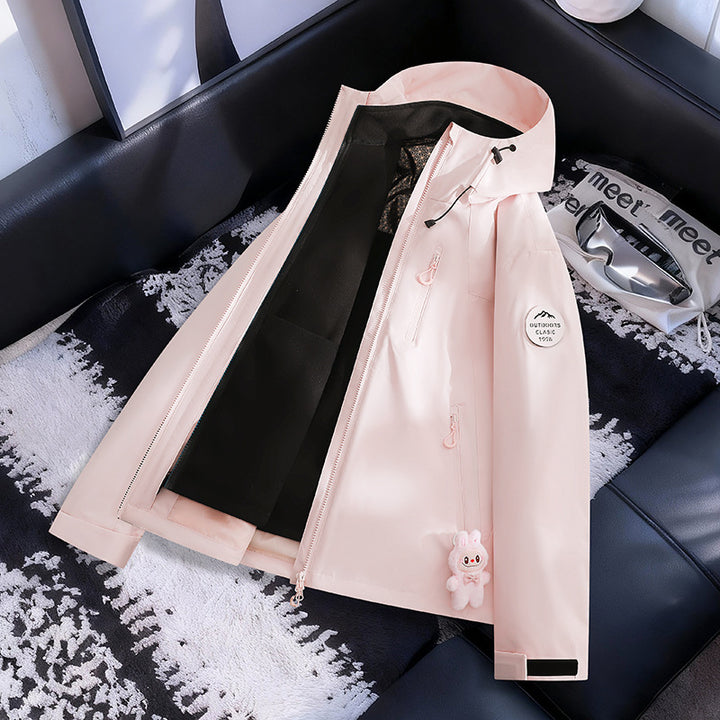 Women Lightweight Waterproof Hooded Jacket with Teddy Charm and Concealed Zipper Pockets Mune Fashion