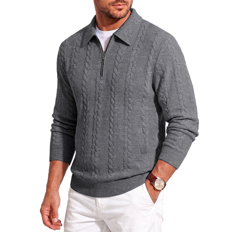 Men's polo collar knit sweater with cable structure and half zip Mune Fashion