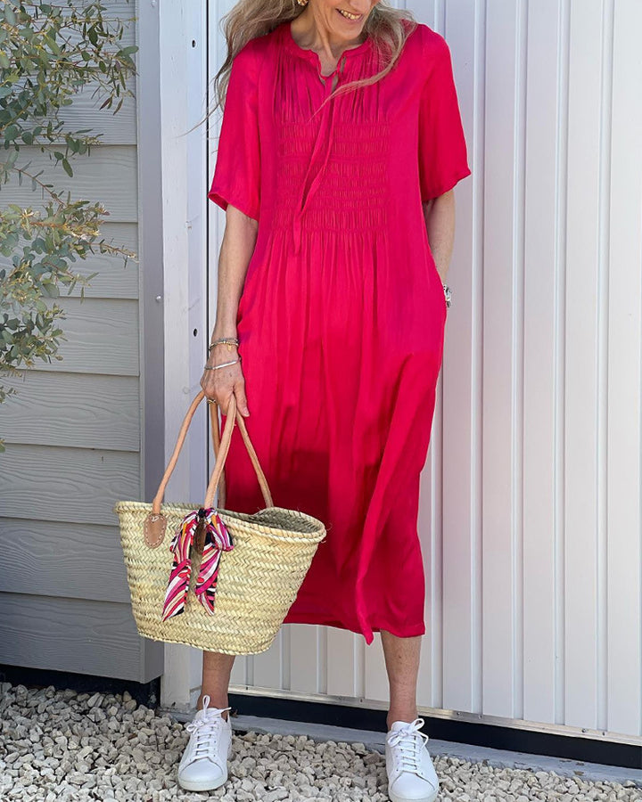 Women's casual midi dress with gathered bust panel, delicate slip collar, tie belt, and side pockets Mune Fashion