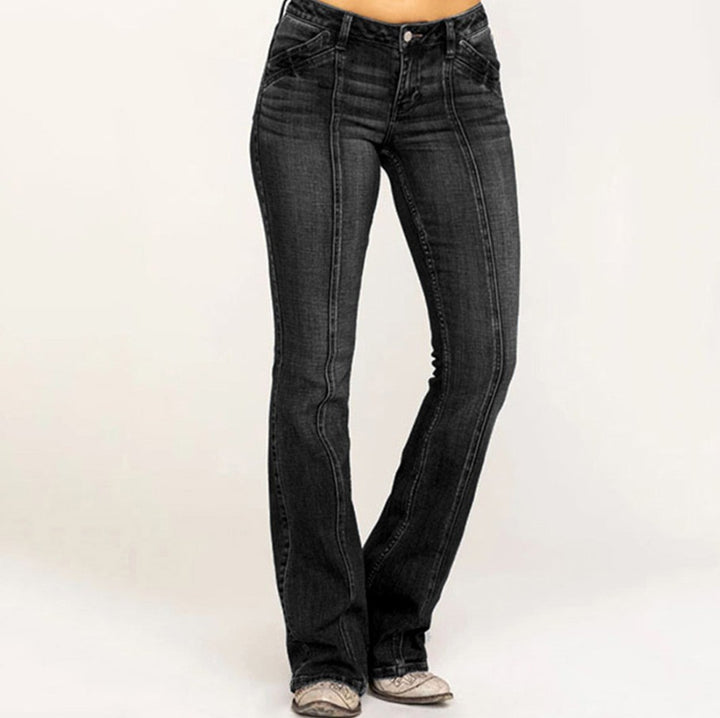 Women's wide flared jeans with high-cut waist, figure-hugging hip cut, and elastic denim Mune Fashion