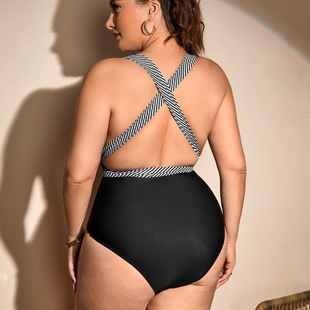 Women one-piece swimsuit with wrap design and stylish stripe pattern Mune Fashion