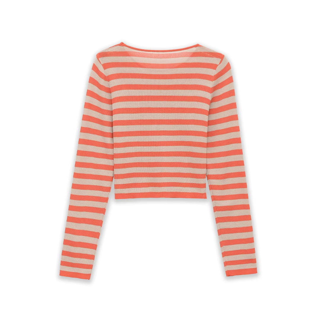 Women Striped Cropped Fine Knit Sweater with Round Neck Mune Fashion