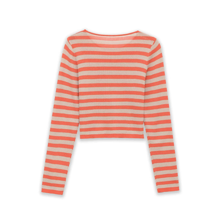 Women Striped Cropped Fine Knit Sweater with Round Neck Mune Fashion