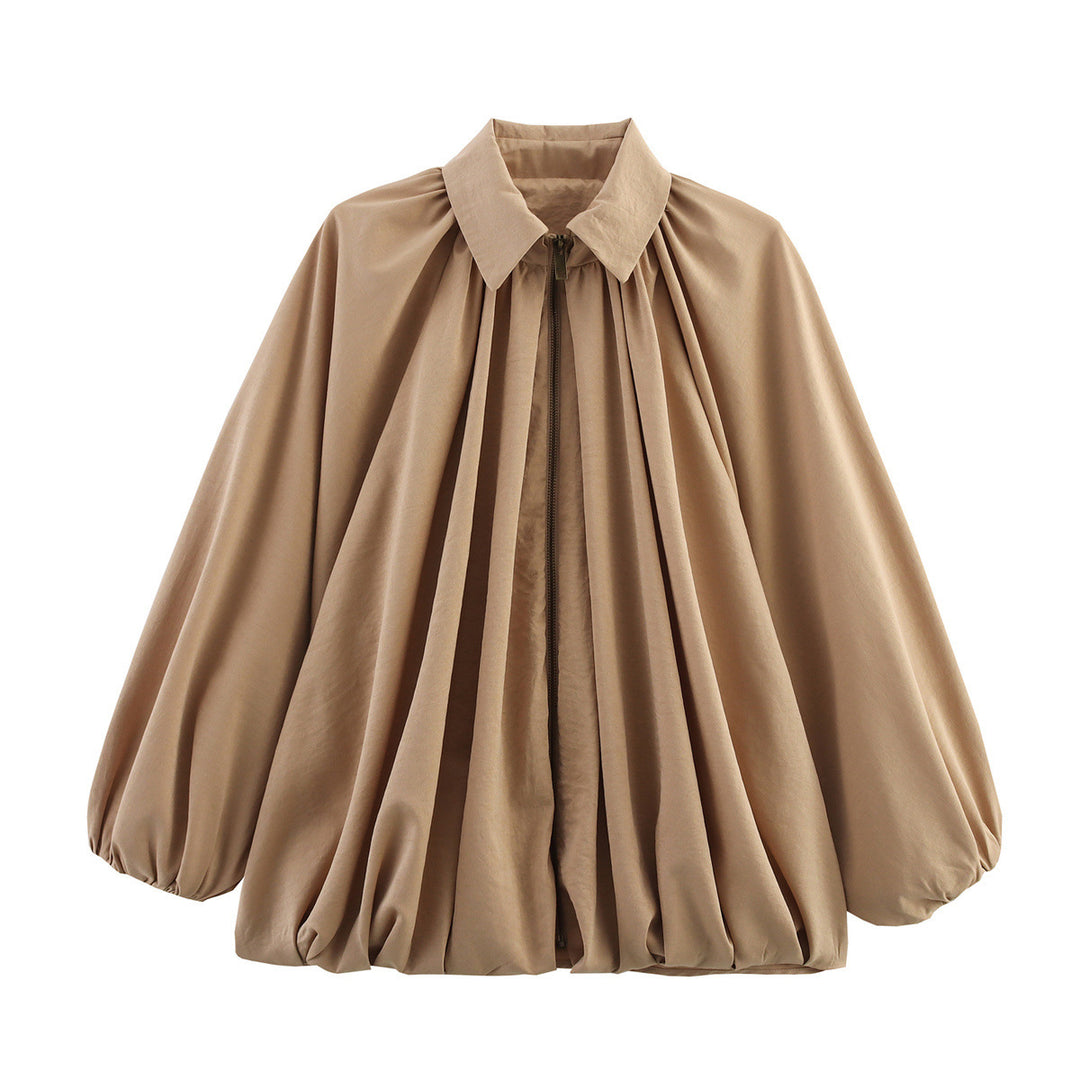 Women's wide pleated cape blouse with standing collar and concealed zipper Mune Fashion