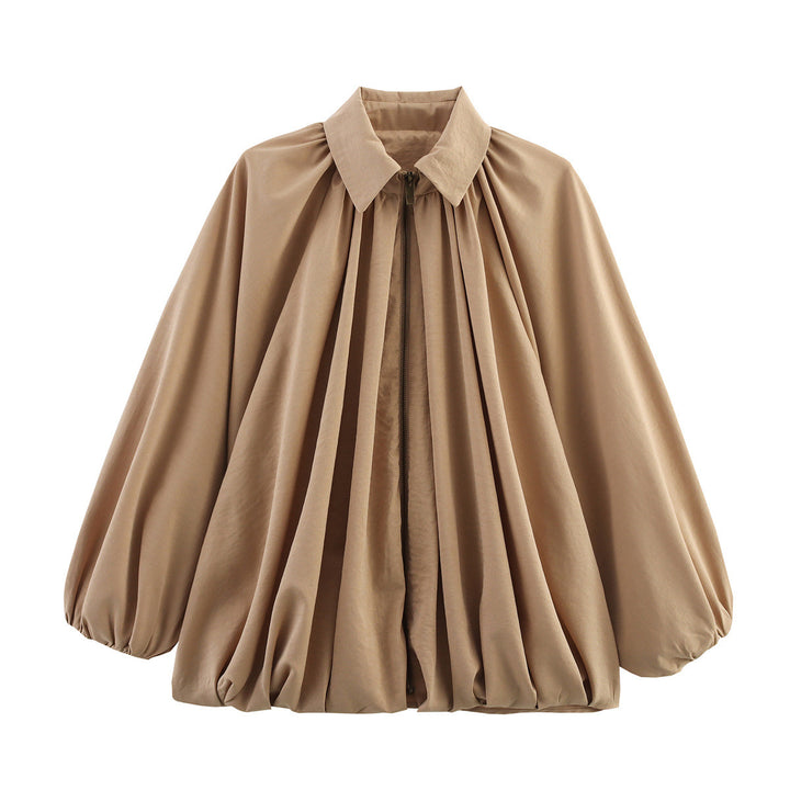 Women's wide pleated cape blouse with standing collar and concealed zipper Mune Fashion