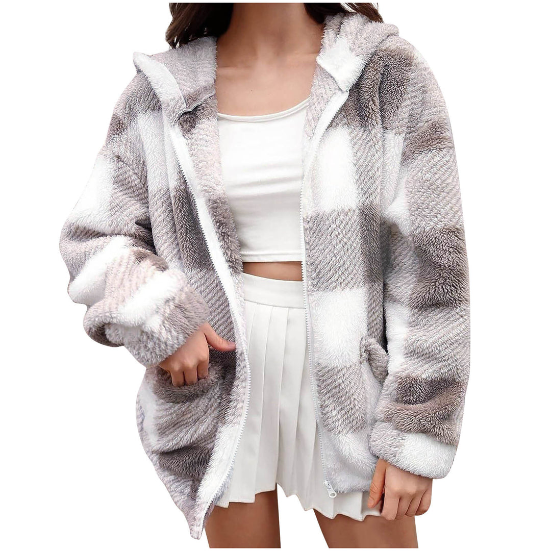 Women nan thick checkered teddy jacket with hood, front zipper and patch pockets Mune Fashion