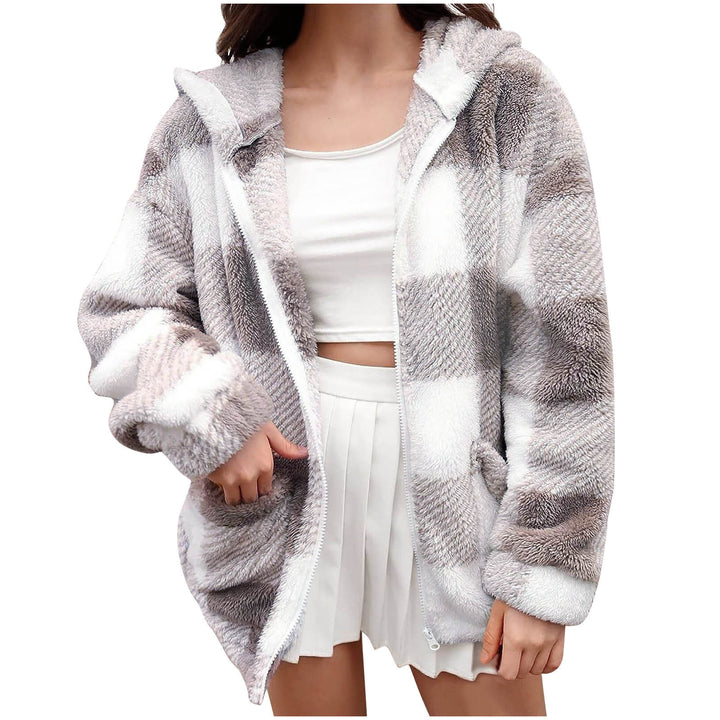 Women nan thick checkered teddy jacket with hood, front zipper and patch pockets Mune Fashion
