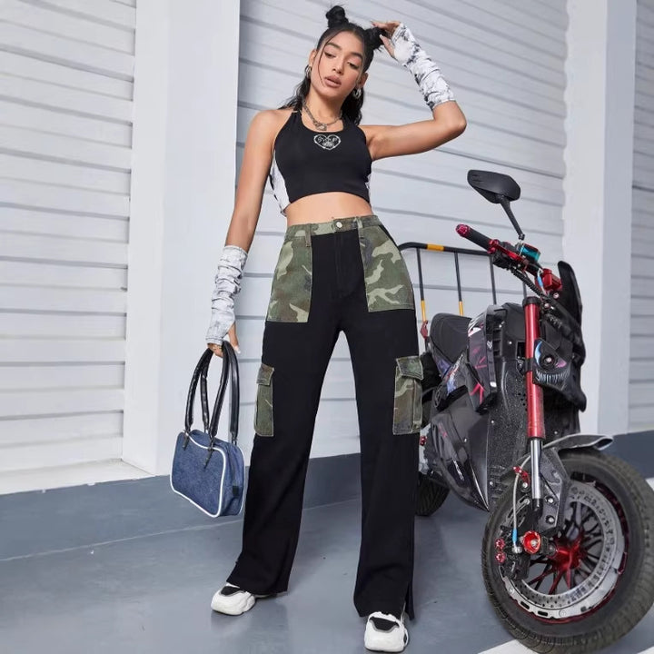 Women High-Waist Utility Jeans with Camouflage Panels and Patch Cargo Pockets Mune Fashion