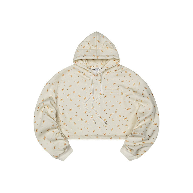 Women's Cropped Hoodie Sweatshirt with Allover Floral Print, Chest Pocket and Ruffled Hem Mune Fashion