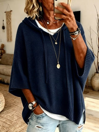 Women's oversized knit poncho with hood and short sleeves Mune Fashion